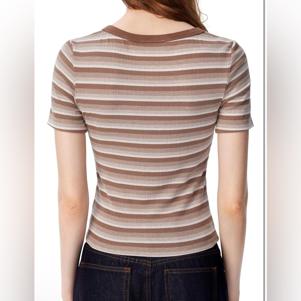 CIDER Brown Striped Ribbed V-Neck Button Top - Picture 3 of 5